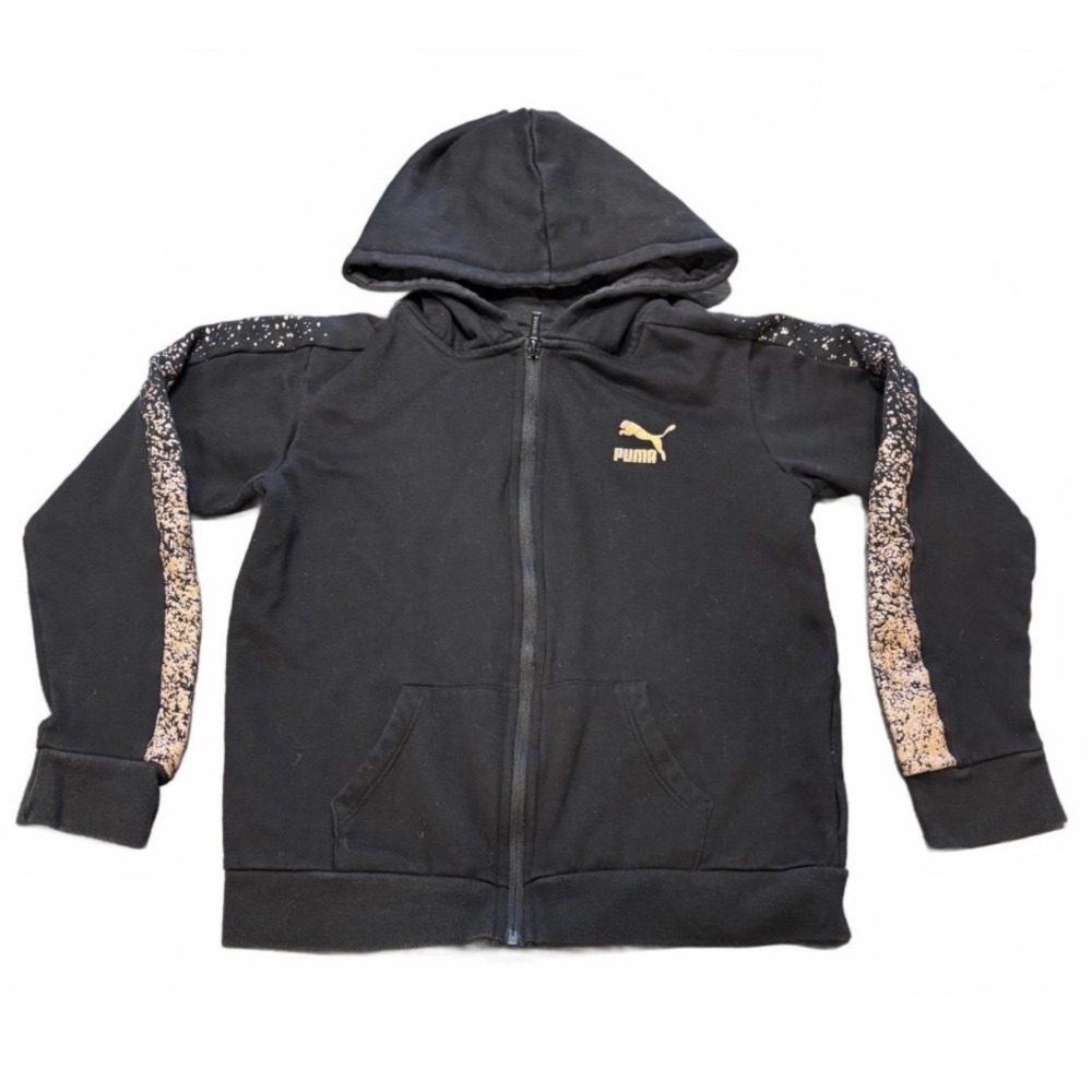 PUMA Kids XL(16) Full Zip Hoodie Black Gold Accents Sporty Athleisure Sweatshirt